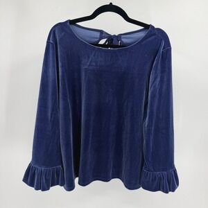 Talbots XL Blue Velvet Ruffle Cuff Tie Back Blouse Top Elegant NWT Bow Classy